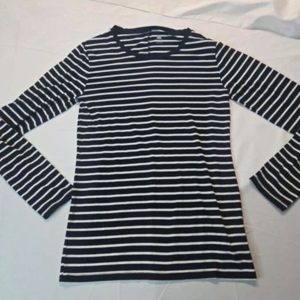Gap Maximum Heat Striped Top Womens L Blue White Long Sleeve Soft Knit Tee